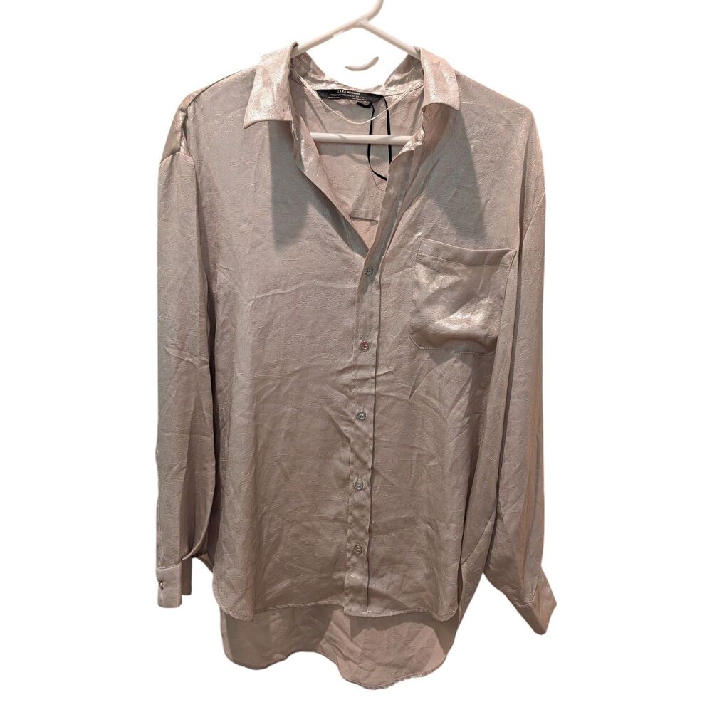 Zara NWOT Gold Metallic Satin Button Down Shirt L Oversized Quiet Luxury Top